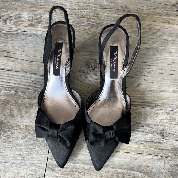 Y2K Kitten Heels 6.5 Black Bow Pointed Toe Vintage Nina New York - Picture 10 of 11
